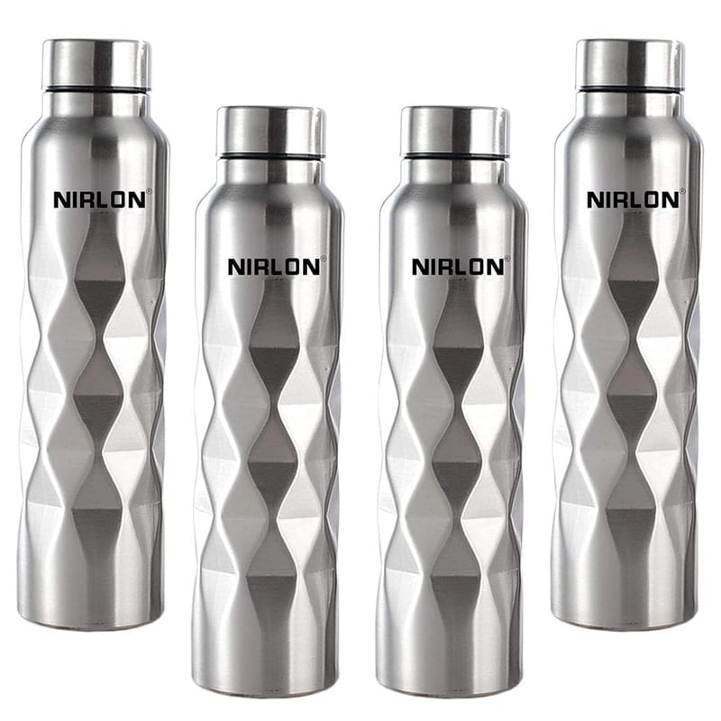 Nirlon Stainless Steel Single Wall Diamond Cut Water Bottle 1000 ML, Set of 4