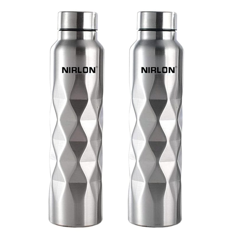 Nirlon Stainless Steel Single Wall Diamond Cut Water Bottle 1000 ML, Set of 2