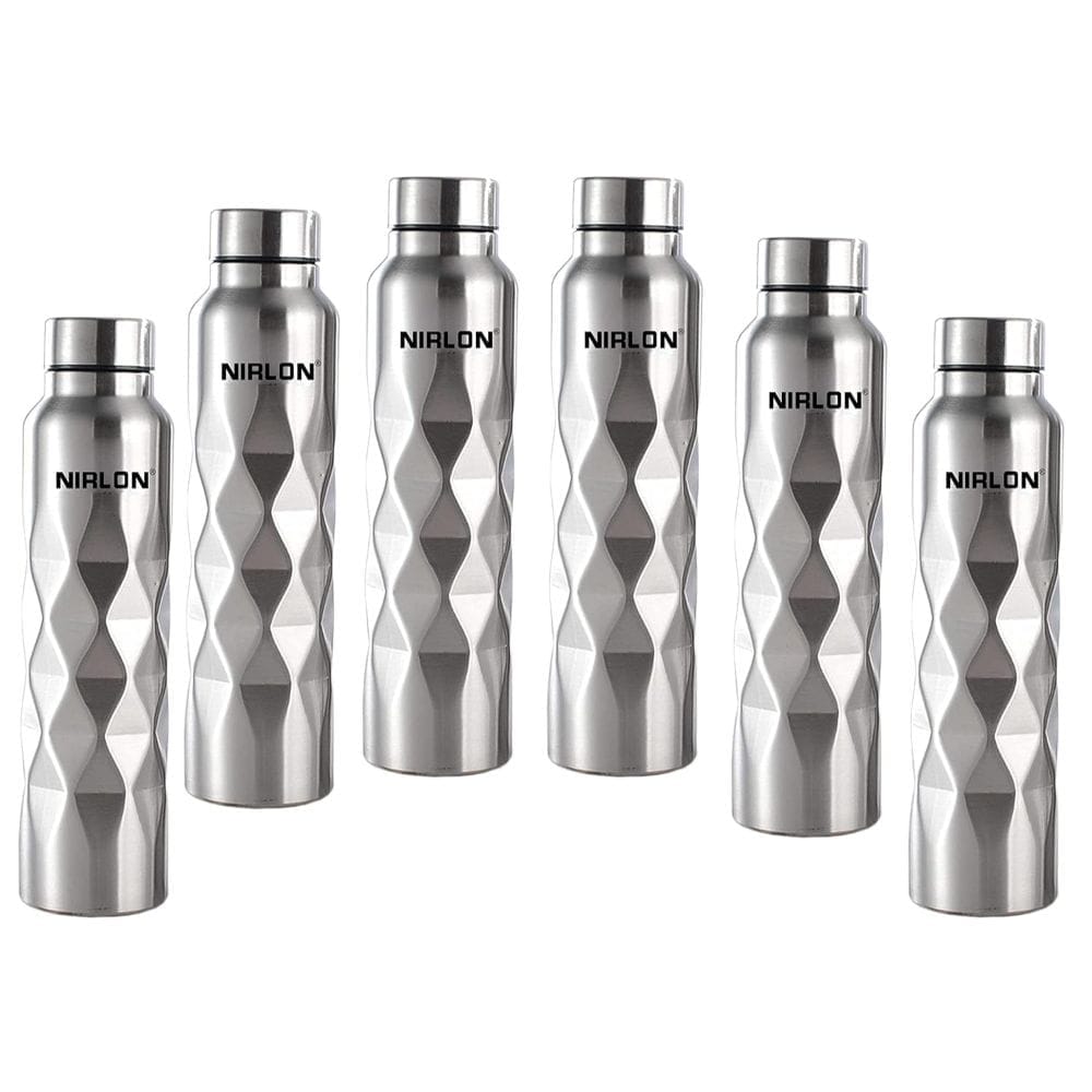 Nirlon Stainless Steel Single Wall Diamond Cut Water Bottle 1000 ML, Set of 6