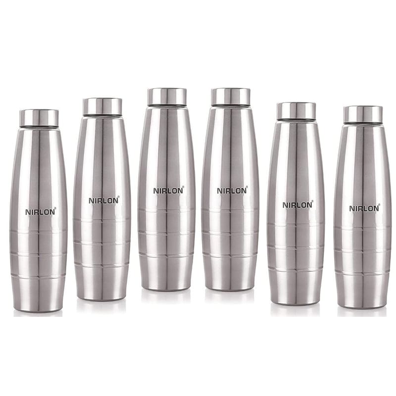 Nirlon Stainless Steel Single Wall Diamond Cut Water Bottle, 1000 ML, Set of 6