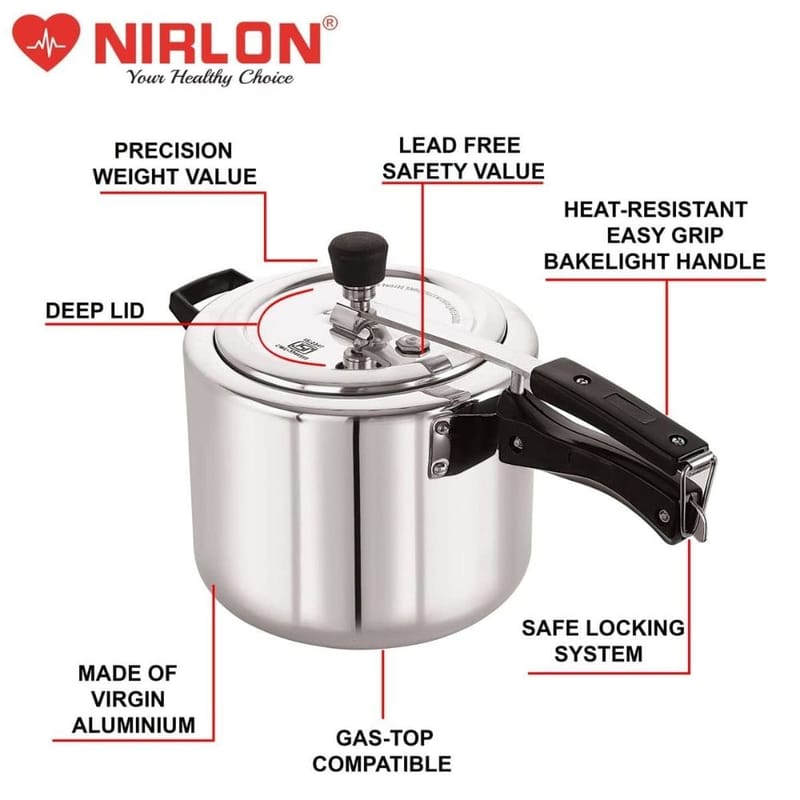 Nirlon Non Induction Base Aluminium Inner Lid Pressure Cooker, 5 Litre