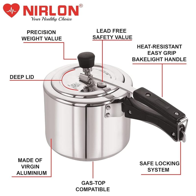 Nirlon Non Induction Base Aluminium Inner Lid Pressure Cooker, 3 Litre