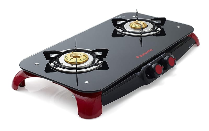 Butterfly Signature Glass Top 2 Burner Gas Stove, Manual Ignition, Black/Red