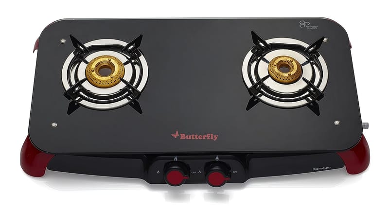 Butterfly Signature Glass Top 2 Burner Gas Stove, Manual Ignition, Black/Red