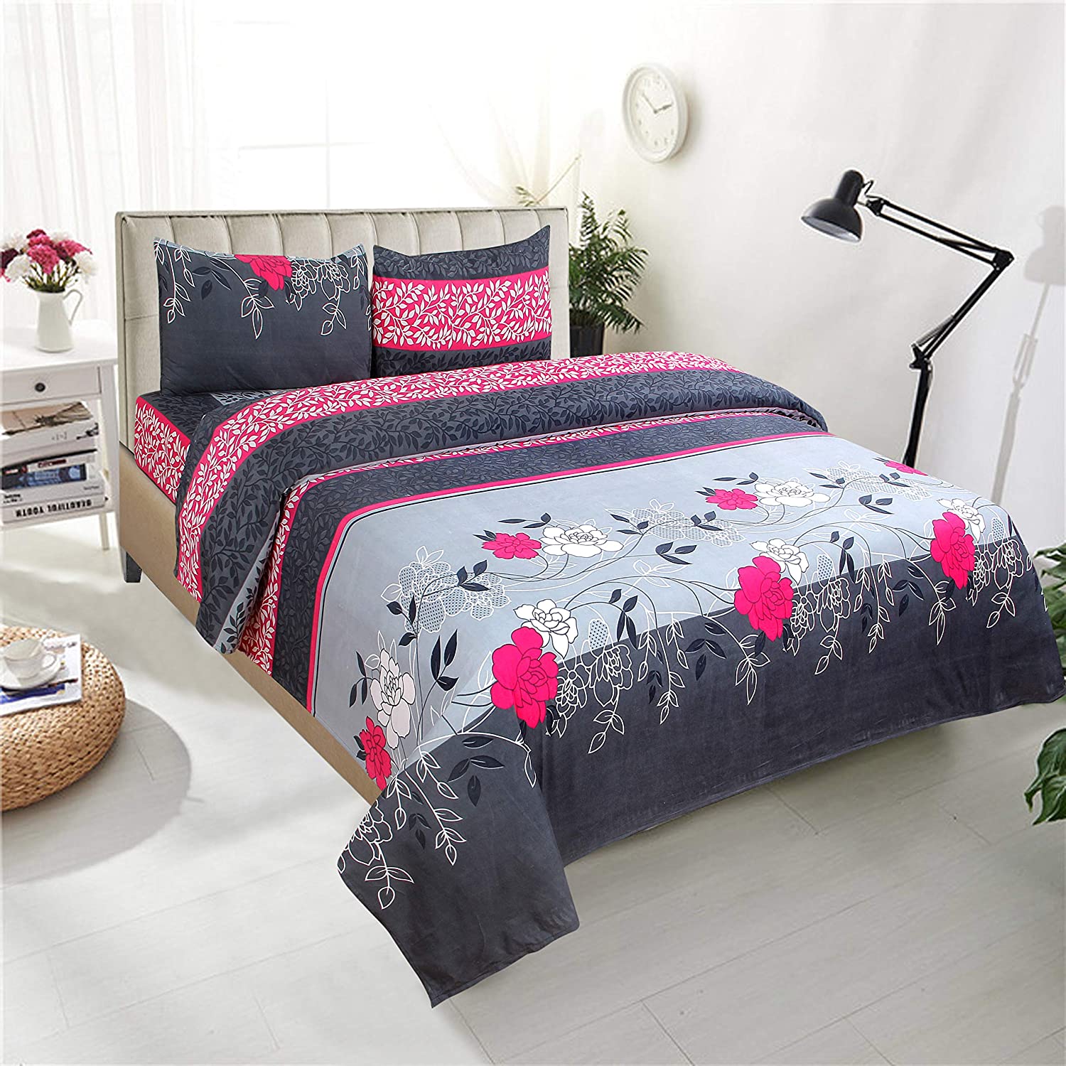 CLIDE PRESENTS 3D DOUBLE BEDSHEET WITH TWO PILLOW COVERS - 90X90 INCH - MULTICOLOR