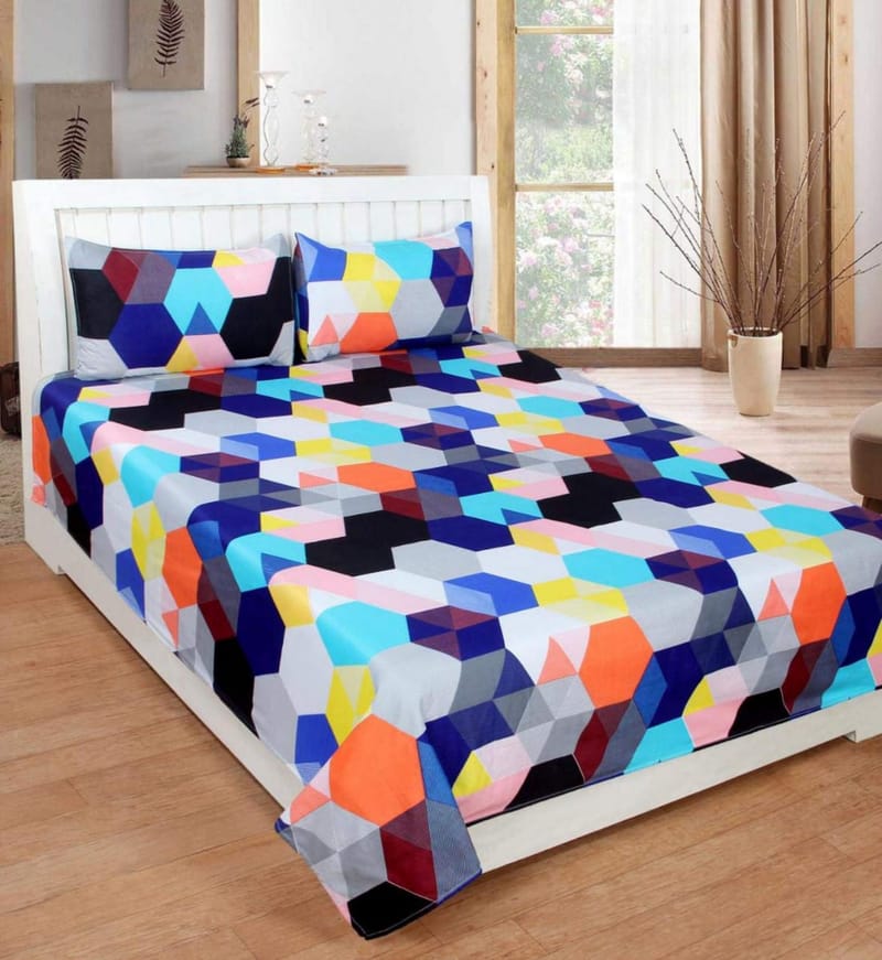 CLIDE PRESENTS 3D DOUBLE BEDSHEET WITH TWO PILLOW COVERS - 90X90 INCH - MULTICOLOR