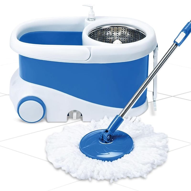 Gala Jet Spin Mop, Steel Winger  & Big Wheels, 2 Microfiber Refills, Floor Cleaning Mop stick with Bucket, pocha for floor cleaning, Mopping Set (white and blue)