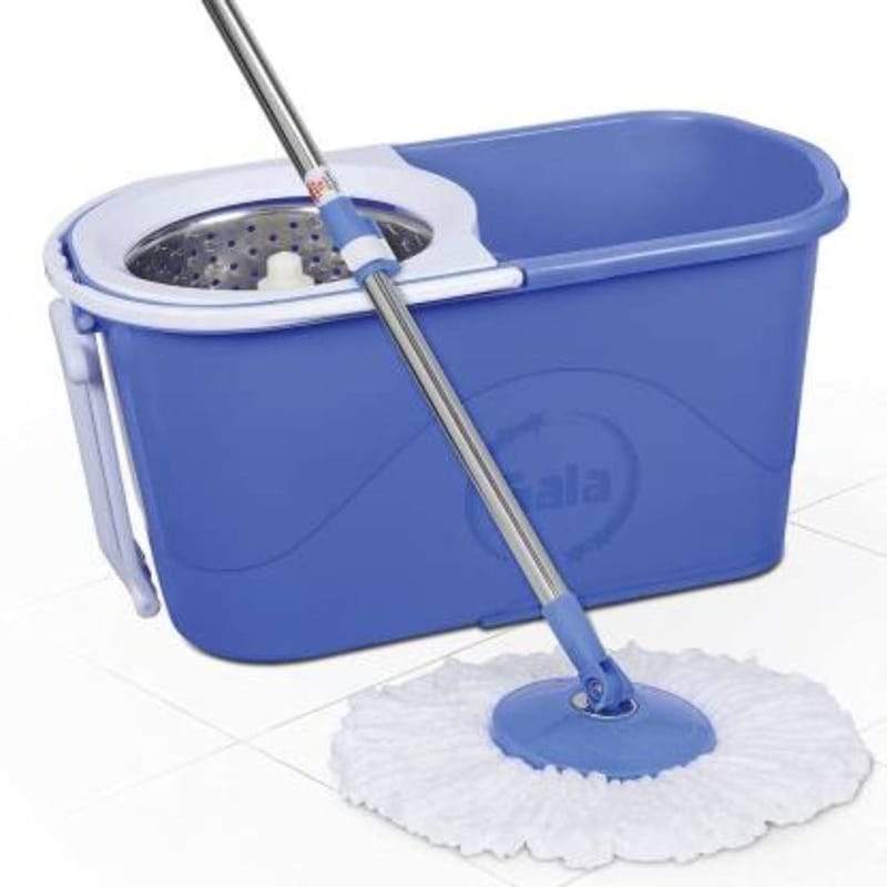 Gala e-Quick Spin Mop Stainless Steel, Easy Wheels  & Big Bucket with 2 Microfiber Refills, Floor Cleaning Mop with Bucket, pocha for Floor Cleaning, Mopping Set (White and Blue)