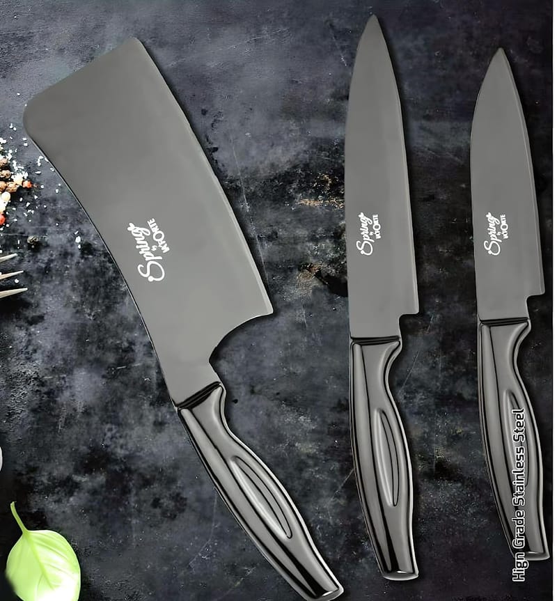 LA FORTE Black Knife Set 3 Pieces, Sharp Cooking Knife Set with Cleaver (Extreme Sturdiness and Superior Longevity)