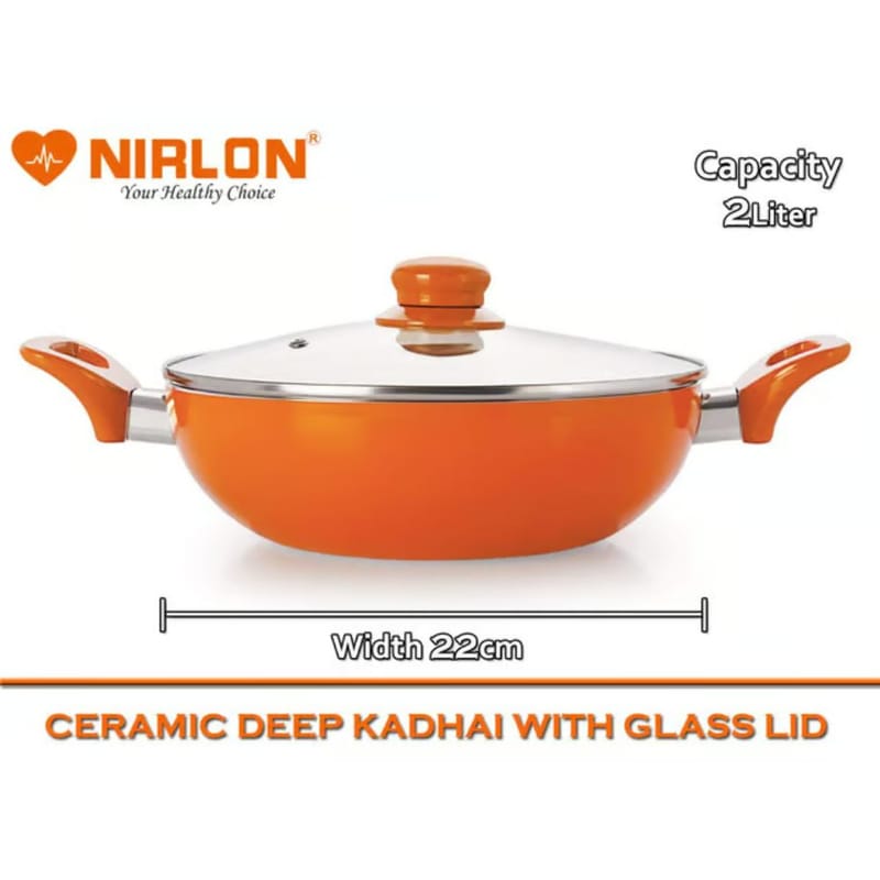 NIRLON Metal Spoon Friendly Reinforced Ceramic 4 Layer Non-Sick Induction Dosa Tawa, 2 Deep Kadai Glass Lid, Grill Pan, Deep Casserole with Glass Lid - Orange