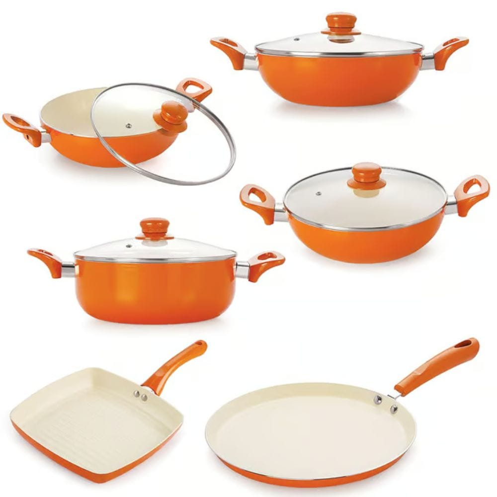 NIRLON Metal Spoon Friendly Reinforced Ceramic 4 Layer Non-Sick Induction Dosa Tawa, 2 Deep Kadai Glass Lid, Grill Pan, Deep Casserole with Glass Lid - Orange