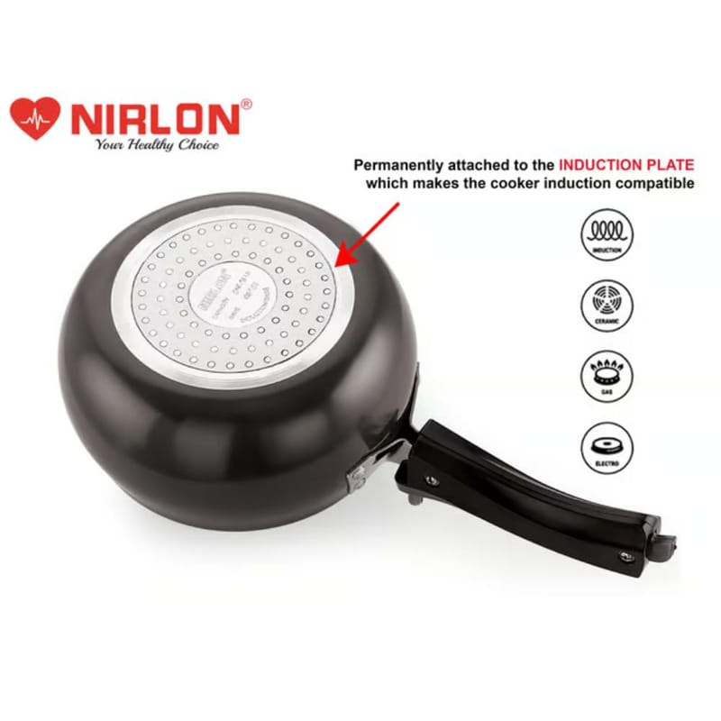 Nirlon Induction and Gas Compatible Hard Anodised Handi Shape Inner Lid Aluminium Pressure Cooker, 5 Litre, Black