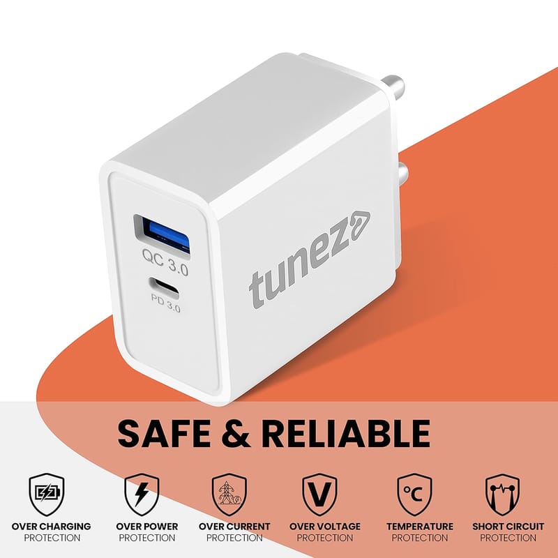 Tunez CH40 22.5W USB Type A QC+PD Fast Charging Adapter (White)