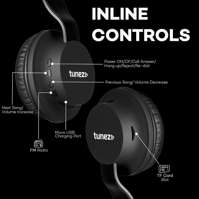 Tunez Beats B60 Over Ear V5.0 Bluetooth Wireless Headphones with Mic| 14 Hrs Play Time | Fast Charging | Passive Noise Cancellation | Google & Siri Voice Asst. | Comfortable Ear Cushions (Black)