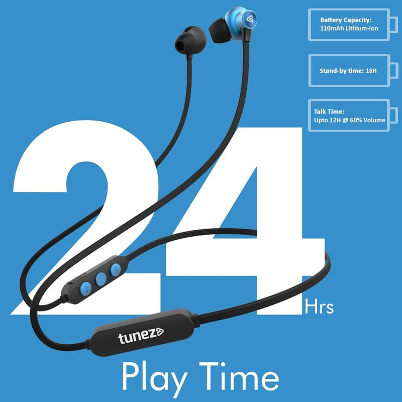 Tunez Rhythm R30 in Ear Wireless Bluetooth Neckband Earphone with 10mm Drivers, Bluetooth Version V5.0,24 Hours Play Time,IPX5, Fast Charging, Magnetic Tips and Light Weight Design(Blue)