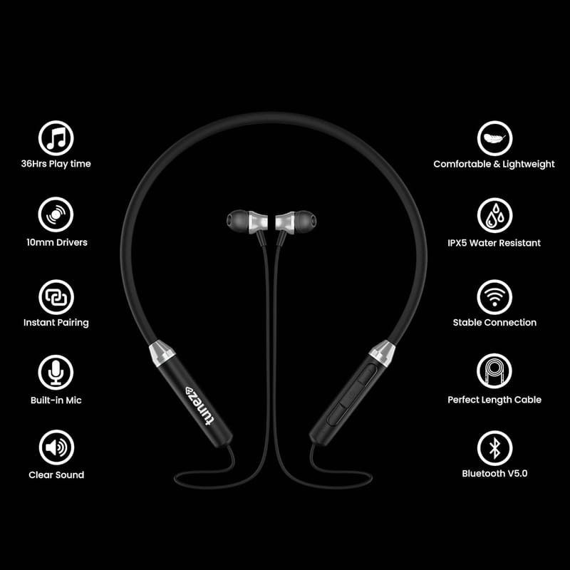 Tunez Rhythm R47 Wireless Neckband with 40 Hours Music Play Time, in Built mic, Bluetooth Version 5.1+EDR+BLE and IPX5 Water Resistant(Silver)