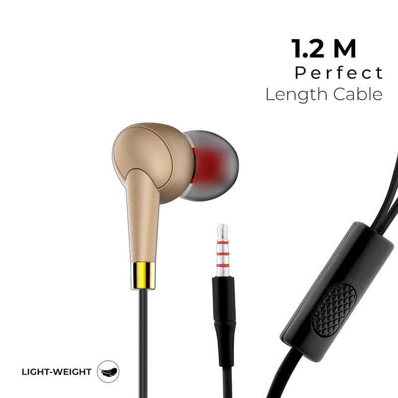 Tunez Dhwani D30 in Ear Wired Earphone with Supreme Sound Quality and Passive Noise Isolation with 10mm Dynamic Drivers, in Built mic and 3.5mm Jack(Gold)