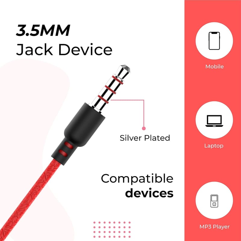 Tunez Dhwani D40 Wired in Ear Earphones with Mic with Impressive Audi, Extra Bass, Passive Noise Cancellation 3.5Mm Aux Jack and 10Mm Drivers(Red)