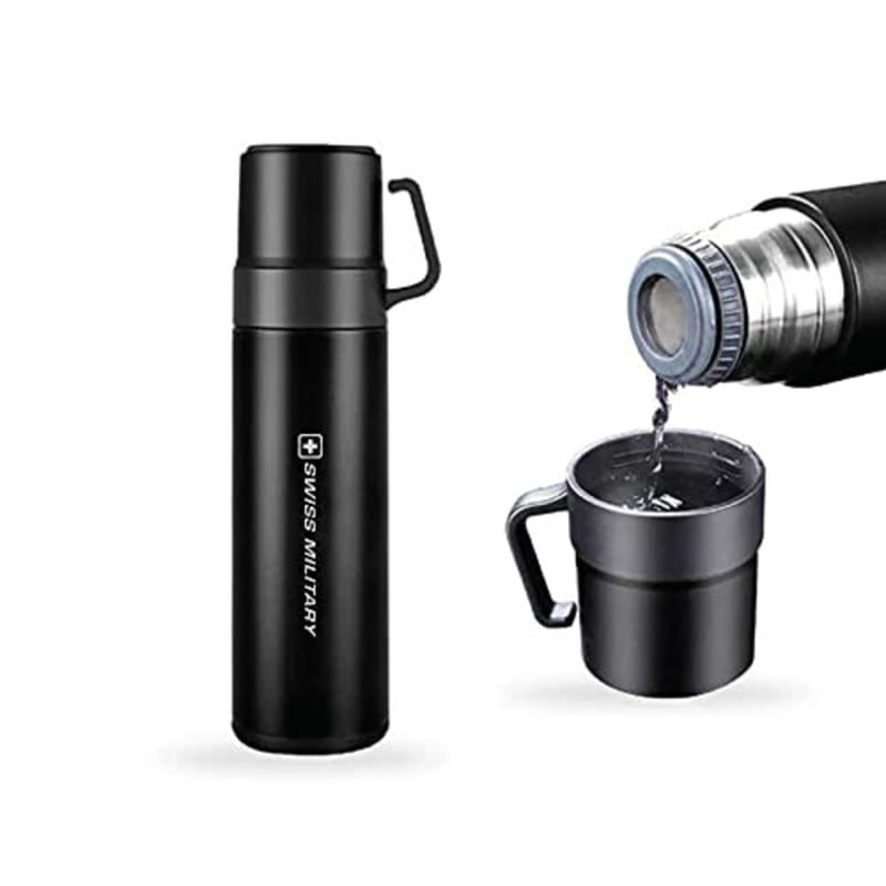 Swiss Military Smf7 Double Wall Stainless Steel - Vacuum Insulated Hot And Cold Flask Water Bottle | Perfect For Hot And Cold Drinks | For Campaign Travelling - (600 Ml, Black)