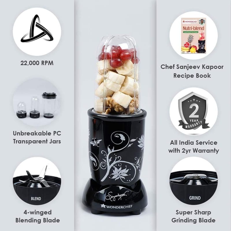 Wonderchef Nutri-blend, 400W, 22000 RPM Mixer-Grinder, Blender, SS Blades, 3 Unbreakable Jars, 2 Years Warranty, Black, Online Recipe Book By Chef Sanjeev Kapoor