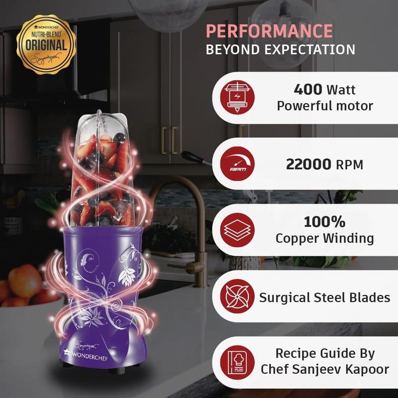 Wonderchef Nutri-blend, 400W, 22000 RPM Mixer-Grinder, Blender, SS Blades, 2 unbreakable Jars, 2 Years warranty, Purple, Online Recipe Book By Chef Sanjeev Kapoor