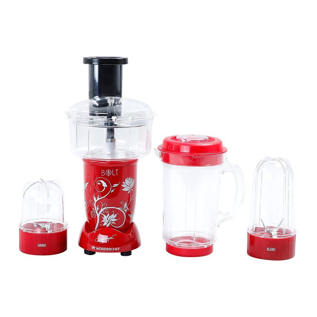 Wonderchef Nutri-blend BOLT-600W Mixer With Compact Food Processor & Atta Kneader, Stronger & Swifter With Sipper Lid, 22000RPM, 4 Unbreakable Jars, Sharper Steel Blades, 2 Yrs Warranty, Red, E-Recipe Book By Chef Sanjeev Kapoor