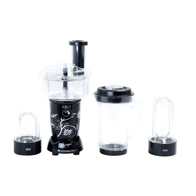 Wonderchef Nutri-blend BOLT-600W Mixer With Compact Food Processor & Atta Kneader, Stronger & Swifter With Sipper Lid, 22000RPM, 4 Unbreakable Jars, Sharper Steel Blades, 2 Yrs Warranty, Black, E-Recipe Book By Chef Sanjeev Kapoor