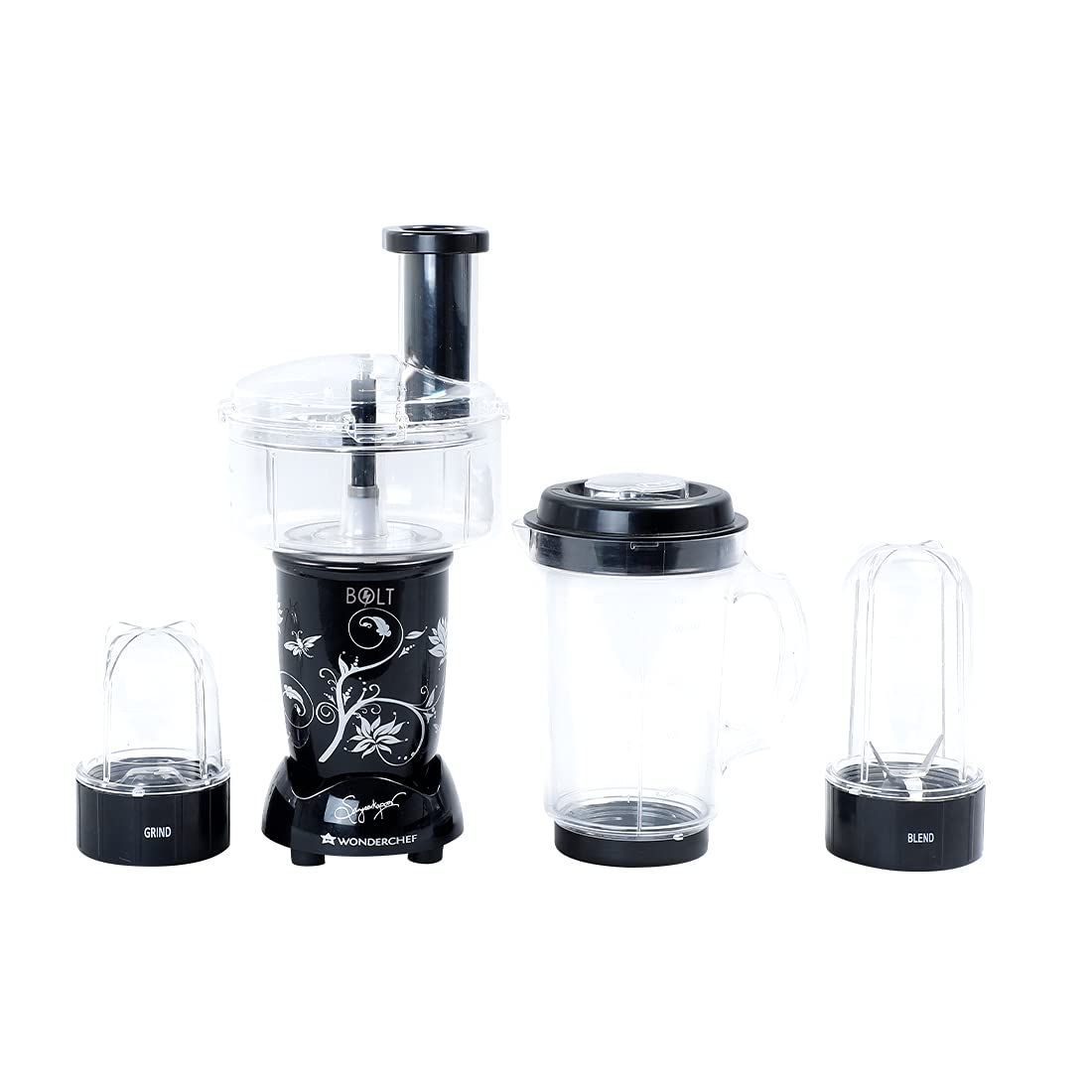 Wonderchef Nutri-blend BOLT-600W Mixer With Compact Food Processor & Atta Kneader, Stronger & Swifter With Sipper Lid, 22000RPM, 4 Unbreakable Jars, Sharper Steel Blades, 2 Yrs Warranty, Black, E-Recipe Book By Chef Sanjeev Kapoor