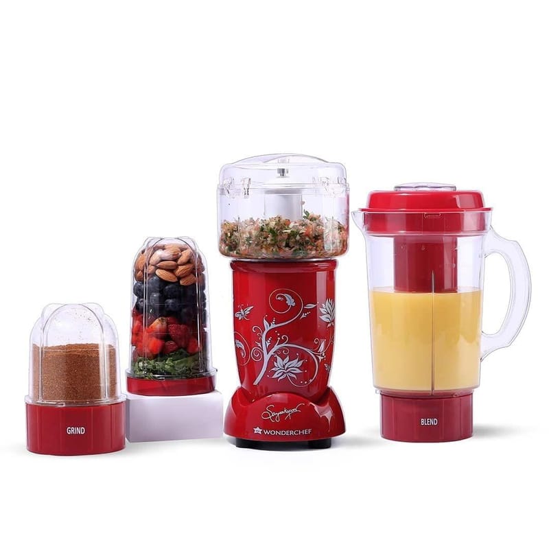 Wonderchef Nutri-blend Complete Kitchen Machine, 400W, 22000 RPM Mixer-Grinder, Blender, Chopper, Juicer, SS Blades, 4 Unbreakable Jars, 2 Years Warranty, Red, Online Recipe Book By Chef Sanjeev Kapoor