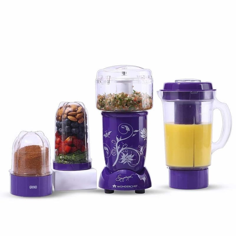 Wonderchef Nutri-blend Complete Kitchen Machine, 400W, 22000 RPM Mixer-Grinder, Blender, Chopper, Juicer, SS Blades, 4 Unbreakable Jars, 2 Years Warranty, Purple, Online Recipe Book By Chef Sanjeev Kapoor