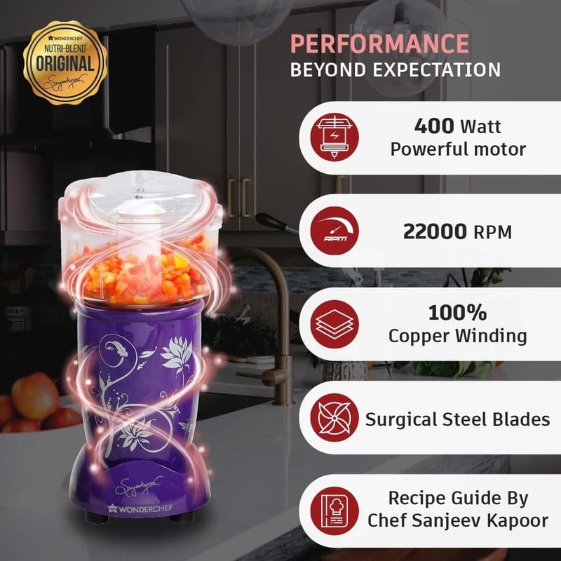 Wonderchef Nutri-blend Complete Kitchen Machine, 400W, 22000 RPM Mixer-Grinder, Blender, Chopper, Juicer, SS Blades, 4 Unbreakable Jars, 2 Years Warranty, Purple, Online Recipe Book By Chef Sanjeev Kapoor