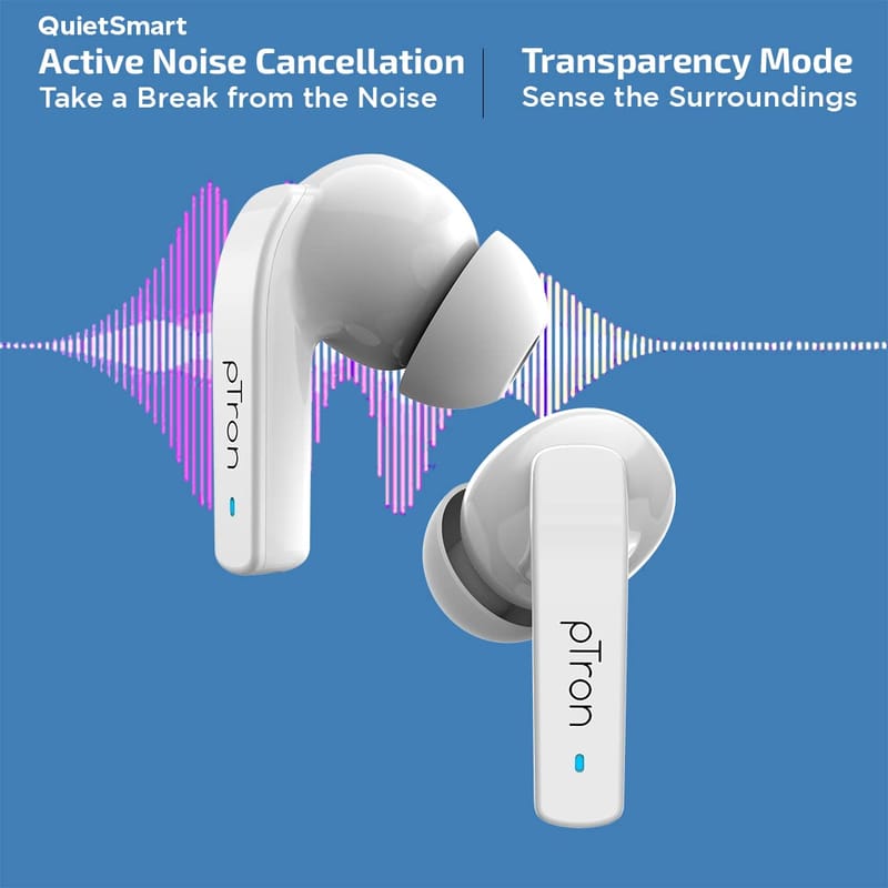 Ptron Basspods 992 Active Noise Cancelling ANC Bluetooth 5.0 Wireless Headphones - White