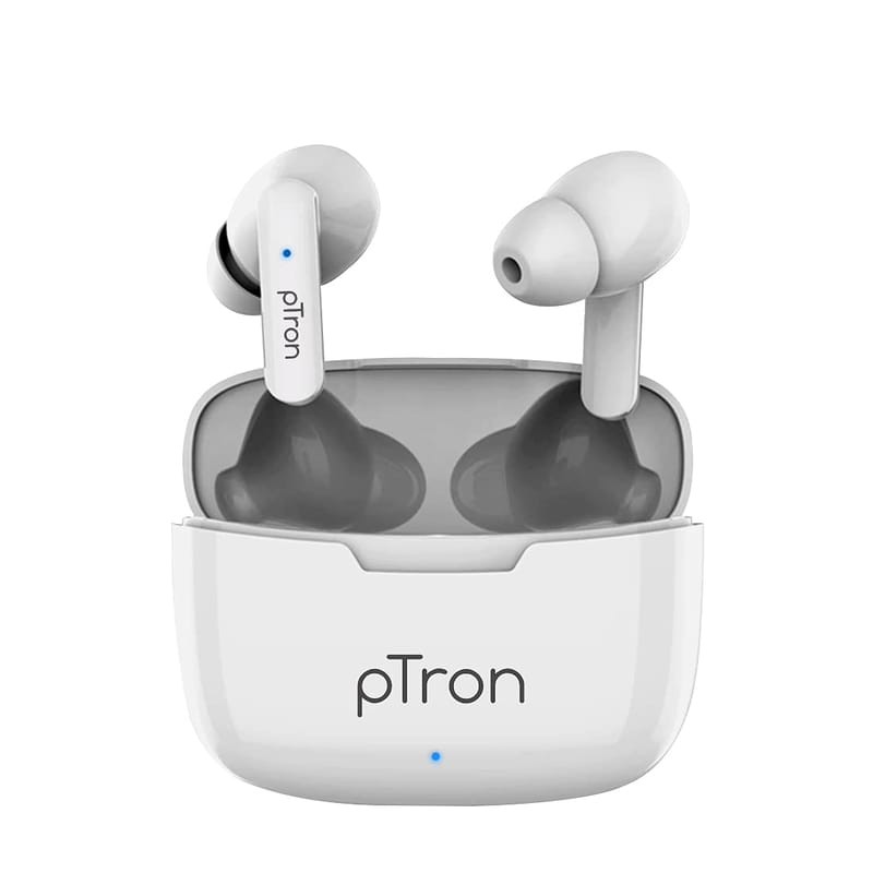 Ptron Bassbuds Duo Bluetooth 5.1 Wireless Headphones Stereo Audio Touch Control TWS Dual HD Mic Type-C Fast Charging IPX4 - White