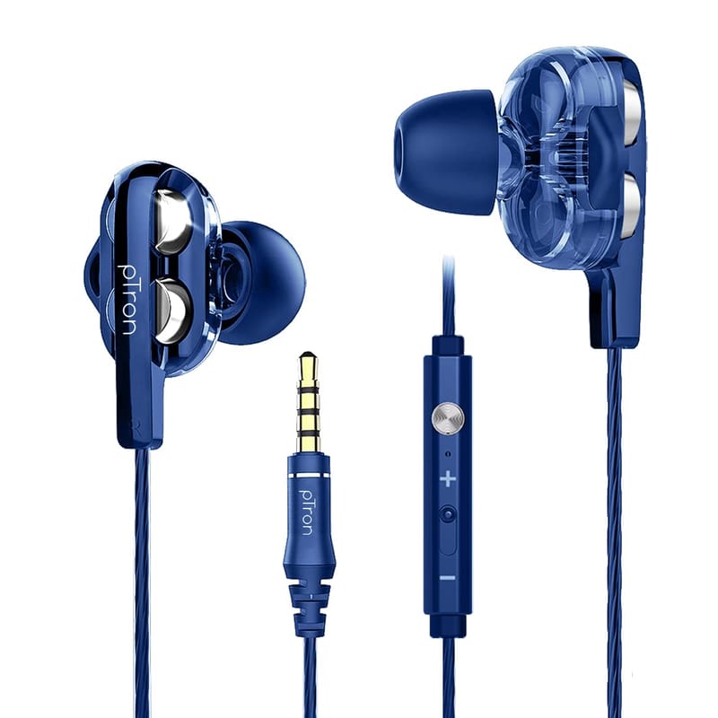 Ptron Boom Pro In-ear Dual Driver Wired Earphones - Blue