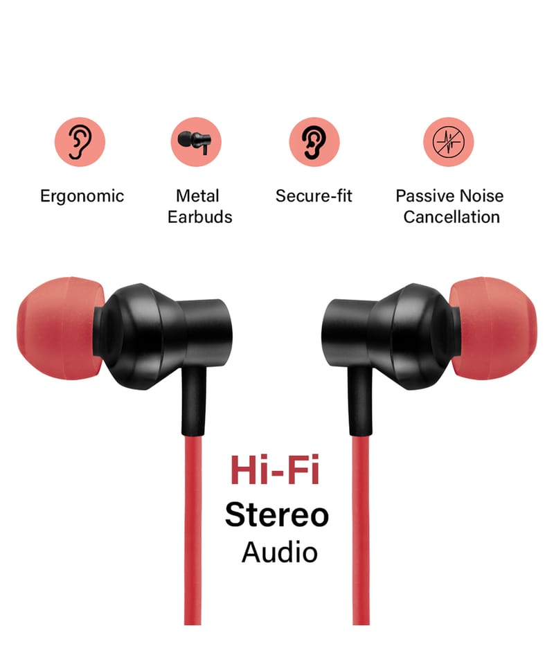 Ptron InTunes Beats In-Ear Hi-Fi Stereo Wireless Bluetooth 5.0 Neckband - Black Red