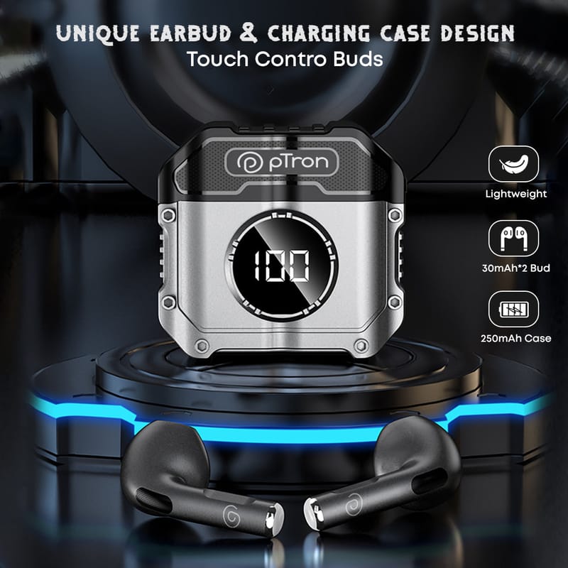 Ptron Bassbuds Revv Wireless in Ear Earbuds with Mic, ENC for Best Calling, 50ms Low Latency, 13mm Driver, Punchy Bass, BT5.3, Touch Control, Type-C Fast Charging, Up to 28Hrs Playtime & IPX4 (Black)