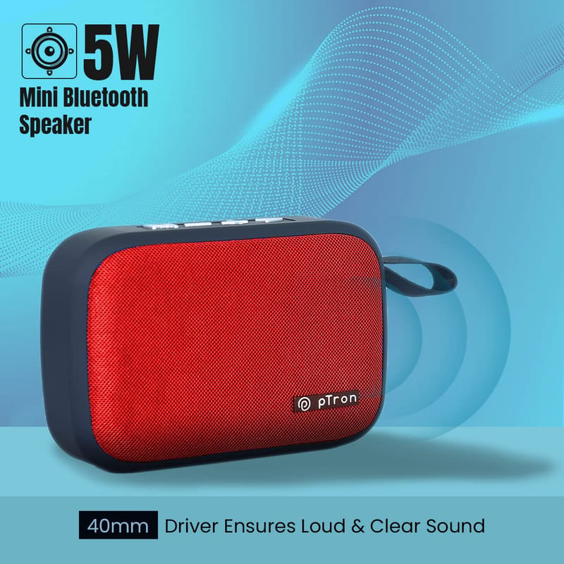 Ptron Musicbot Lite 5W Mini Bluetooth Speaker with 6Hrs Playtime, Immersive Sound, 40mm Driver, BT5.1 with Strong Connectivity, Portable Design, Integrated Music & Call Control (Red)