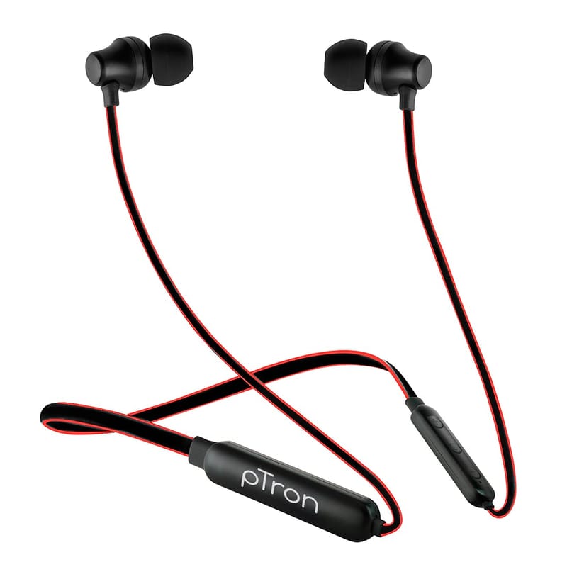 Ptron Tangent Lite Bluetooth 5.0 Wireless in Ear Earphones with mic, Hi-Fi Stereo Sound, 8Hrs Playtime, Lightweight Ergonomic Neckband, Sweat-Resistant Magnetic Earbuds, Voice Assistant (Black & Red)