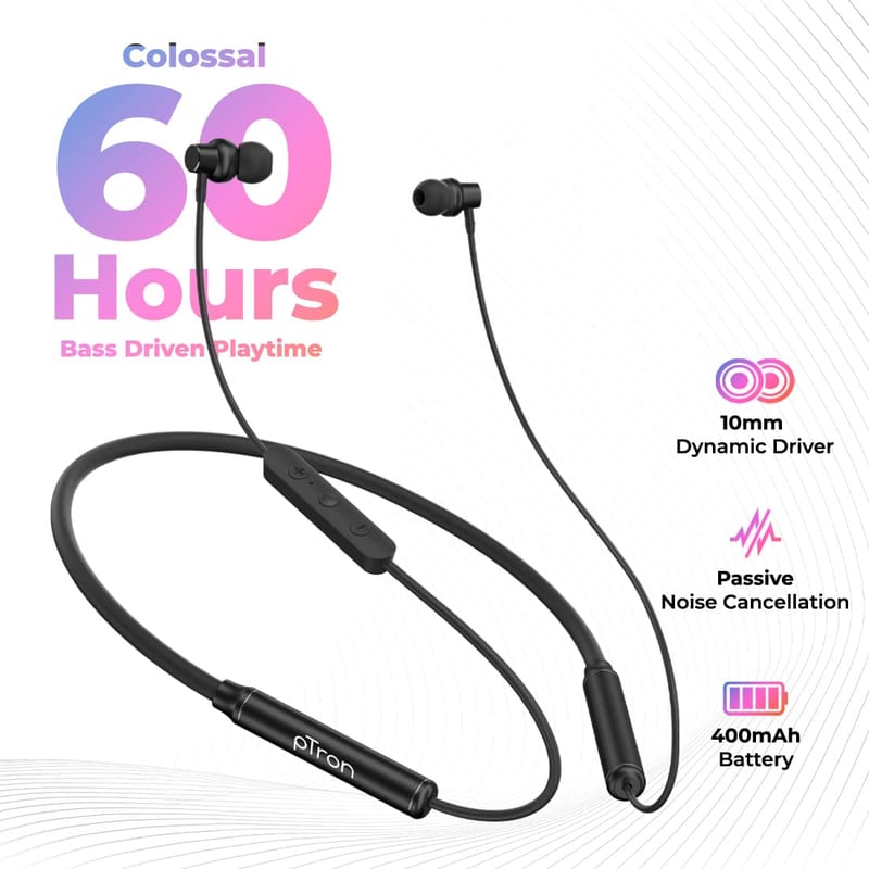 Ptron Tangent Urban, 60Hrs Playtime, ENC, Bluetooth 5.3 Earphones, Low Latency Gaming, Punchy Bass, in-Ear Wireless Headphones with Mic, Type-C Fast Charging Neckband, IPX4 & Voice Assistance (Black)