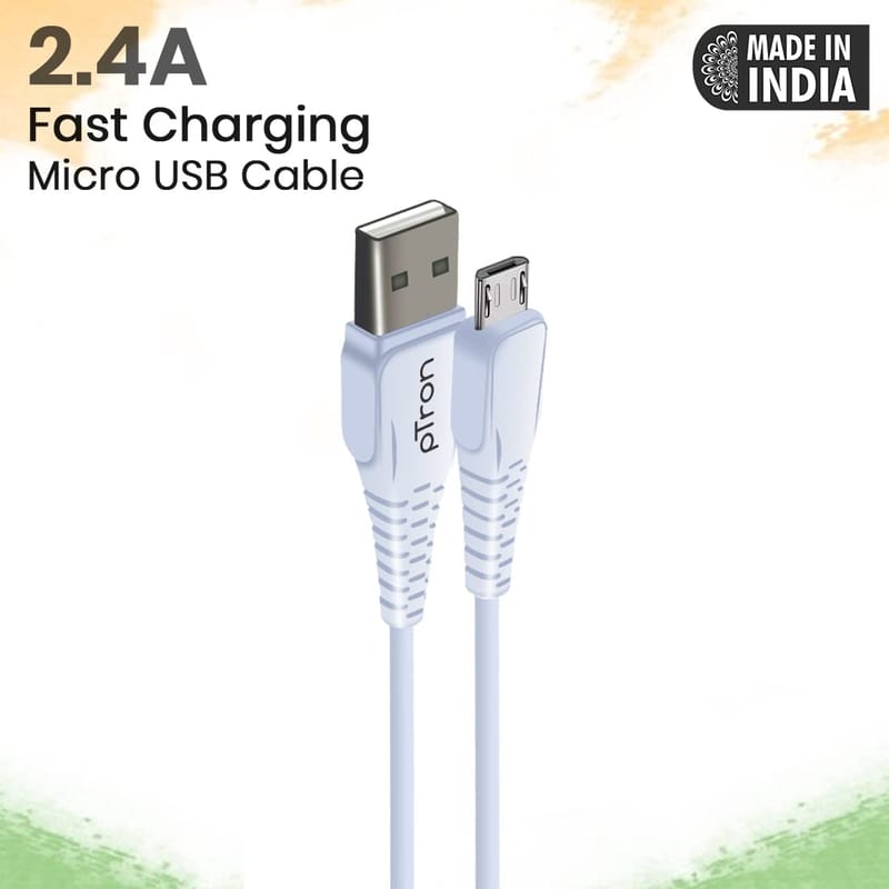 Ptron Solero M241 2.4A Micro USB Data & Charging Cable, Made in India, 480Mbps Data Sync, Durable 1-Meter Long USB Cable for Micro USB Devices (White)