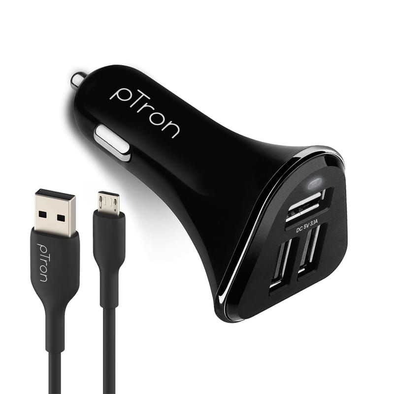 Ptron Bullet 3.1A Fast Charging Car Charger, 3 USB Port, Fire Resistant, Lightweight, & Compact Car Charger for All Mobiles with Micro USB Cable (Black)