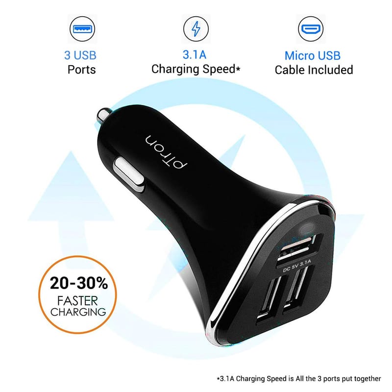 Ptron Bullet 3.1A Fast Charging Car Charger, 3 USB Port, Fire Resistant, Lightweight, & Compact Car Charger for All Mobiles with Micro USB Cable (Black)