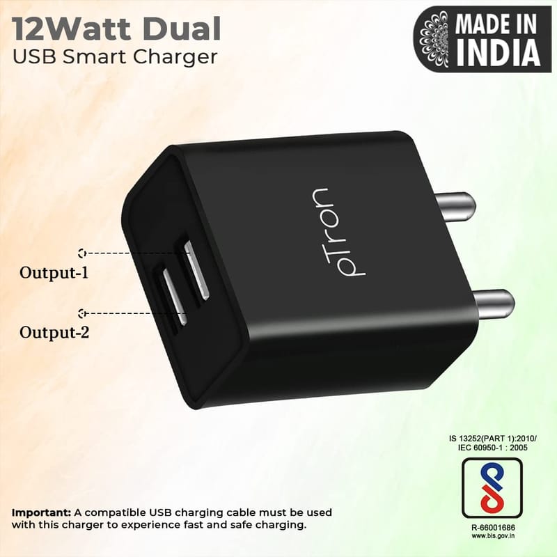 Ptron Volta Dual Port 12W Smart USB Charger Adapter, Multi-Layer Protection, Made in India, BIS Certified, Fast Charging Power Adaptor Without Cable for All iOS & Android Devices (Black)