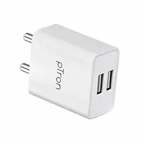 Ptron Volta Dual Port 12W Smart USB Charger Adapter, Multi-Layer Protection, Made in India, BIS Certified, Fast Charging Power Adaptor without Cable for All iOS & Android Devices (White)