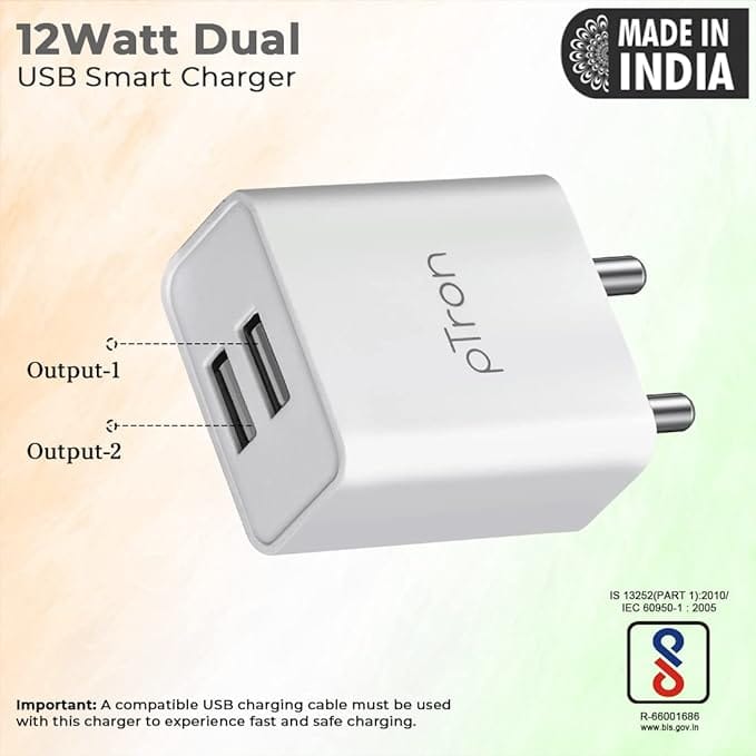 Ptron Volta Dual Port 12W Smart USB Charger Adapter, Multi-Layer Protection, Made in India, BIS Certified, Fast Charging Power Adaptor without Cable for All iOS & Android Devices (White)