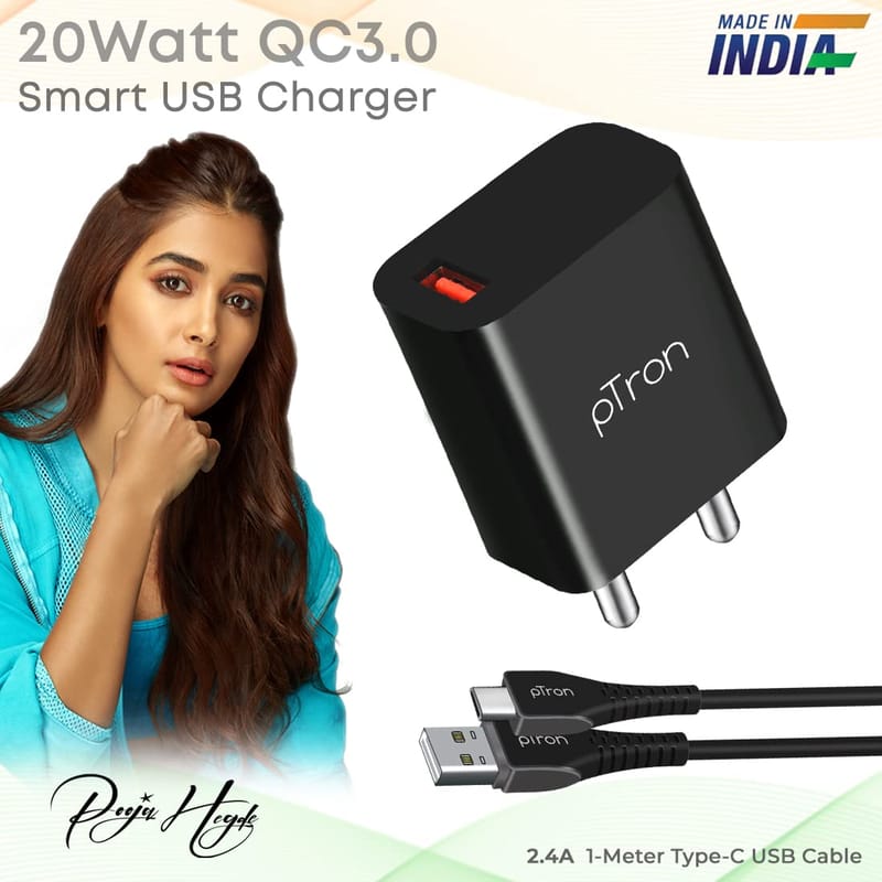 Ptron Volta FC12 20W QC3.0 Smart USB Charger with Type-C 1M USB Cable, Made in India, Auto-detect Technology, Multi-Layer Protection, Fast Charging Adaptor for Cellular Phones (Black)