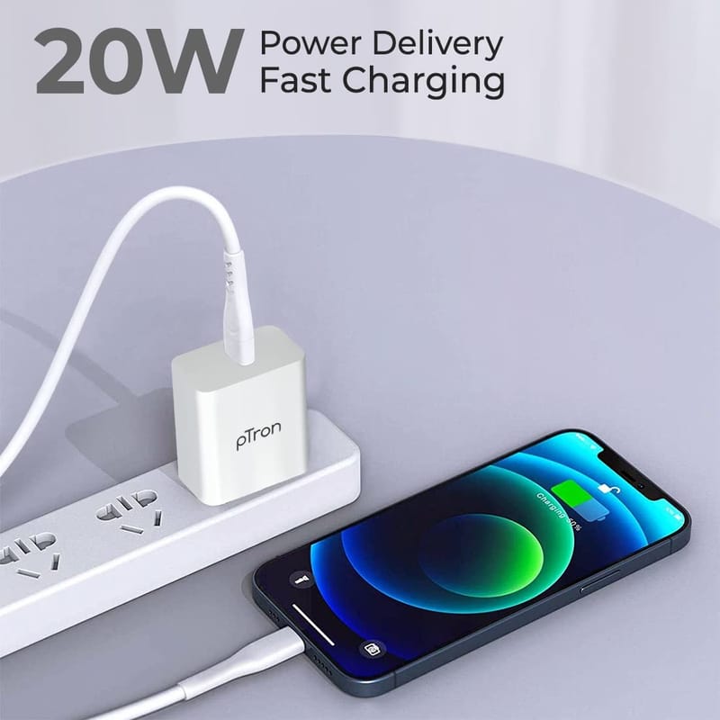 Ptron Volta FC14 20W Fast PD/Type-C Charger Adapter with Fast Charging for iPhone 12/12 Pro/12 Mini/12 Pro Max/11/XS/XR/X/8/Plus, iPad Pro/Air/Mini, Galaxy 10/9/8 (Charger Only) White