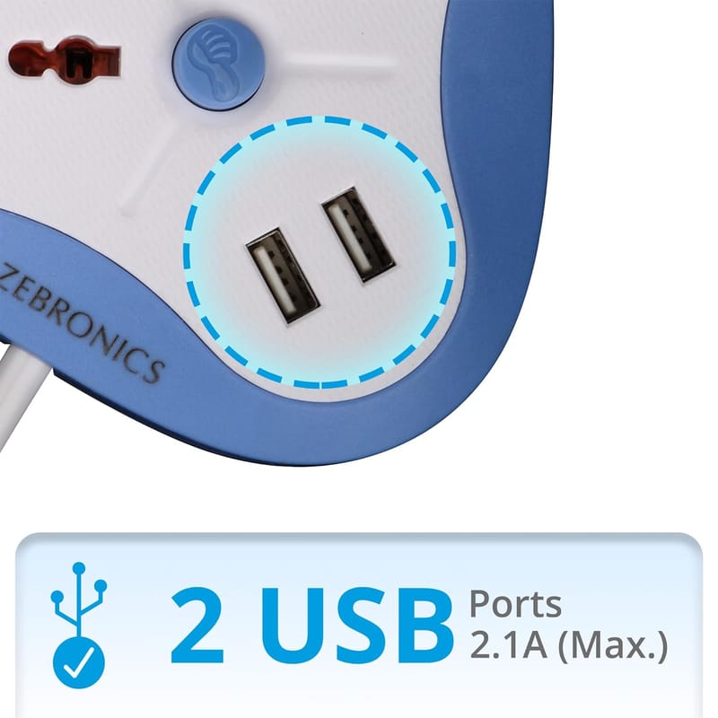 Zebronics ZEB-PS2120 USB 2500W USB Power Extension Socket 2 USB Ports, a Power Indicator Along with 2.8ft Cable Length