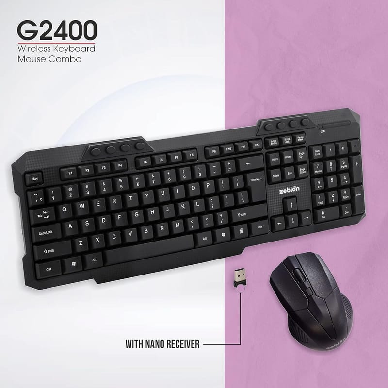 Zebion G2400 Wireless Keyboard Mouse Combo with Nano Receiver, Slim,Elegant and Ergonomic chiclet Design, Tested with Over 1 Million keystrokes and clicks,Durable Body