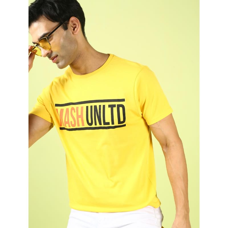 MASH UNLIMITED Mens Round neck Short Sleeve Graphic Printed Yellow Thirt